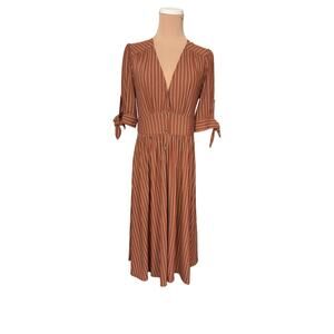 By Together Striped Midi Dress Rust Brown Tie Sleeve Size M Cottagecore